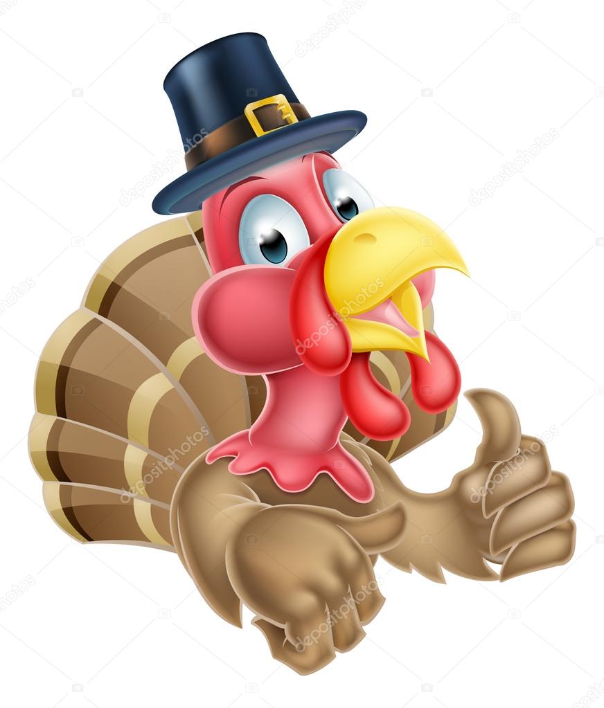 Cartoon thanksgiving turkey character giving a thumbs up and wearing a puritan hat