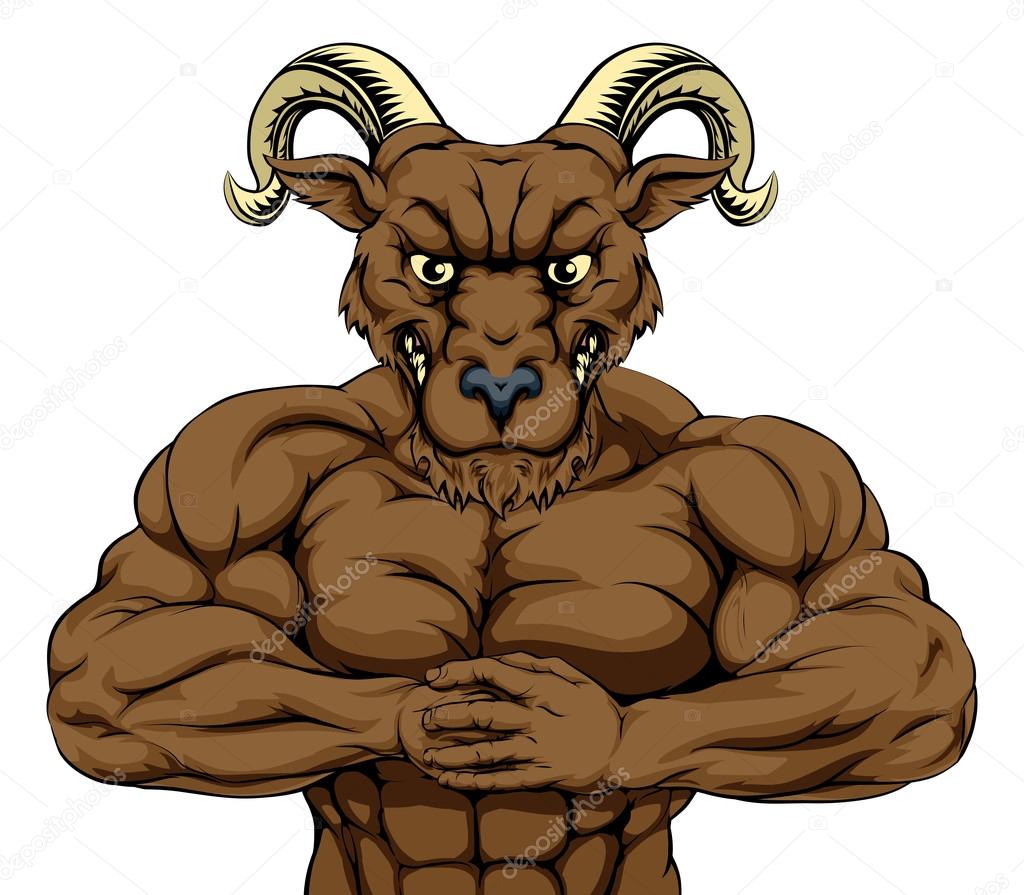 Mean looking ram character ready for combat punching fist into palm