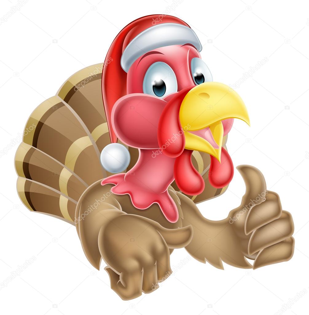 Cartoon Christmas turkey mascot giving a thumbs up and wearing a Santa hat