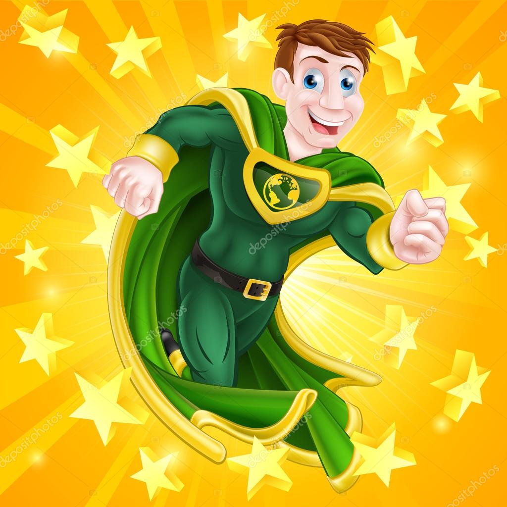 A cartoon super hero man with a green and yellow cape and costume and an earth globe symbol on his chest with stars background