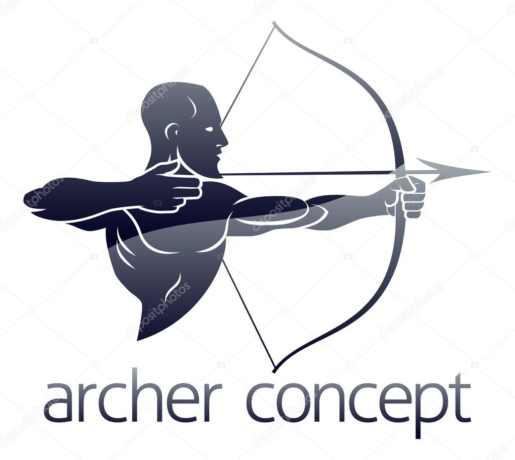 Conceptual archery sports illustration of an archer shooting a bow and arro