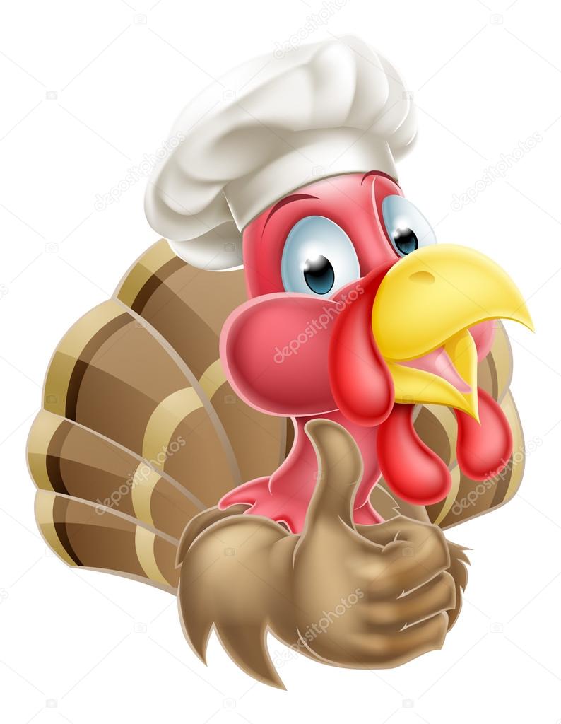 Cartoon turkey mascot giving a thumbs up and wearing a chef hat