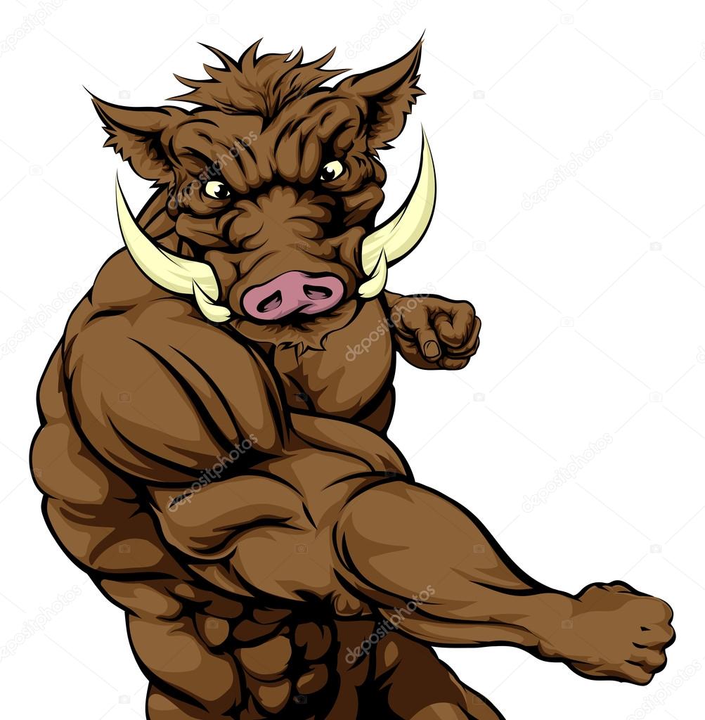 A tough muscular boar character sports mascot attacking with a punch