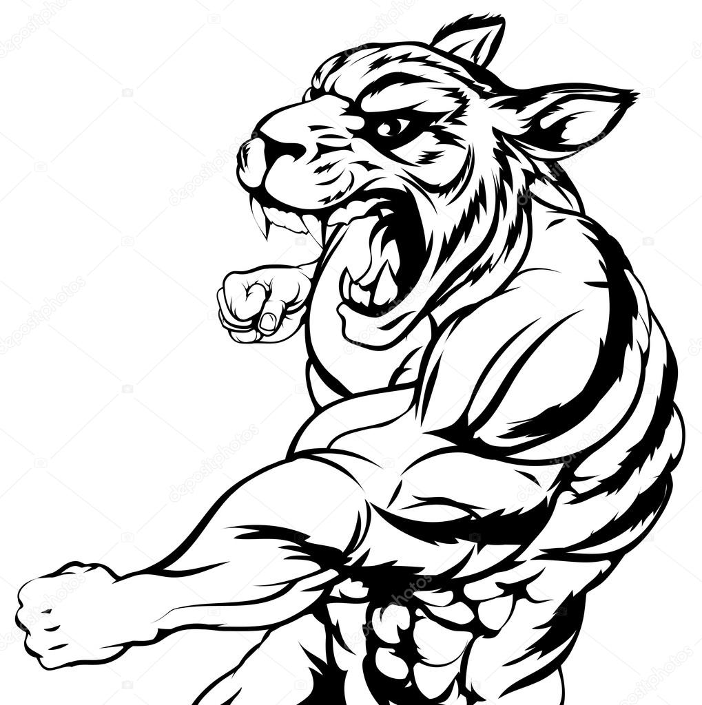 An illustration of a mean looking tiger animal sports mascot punching