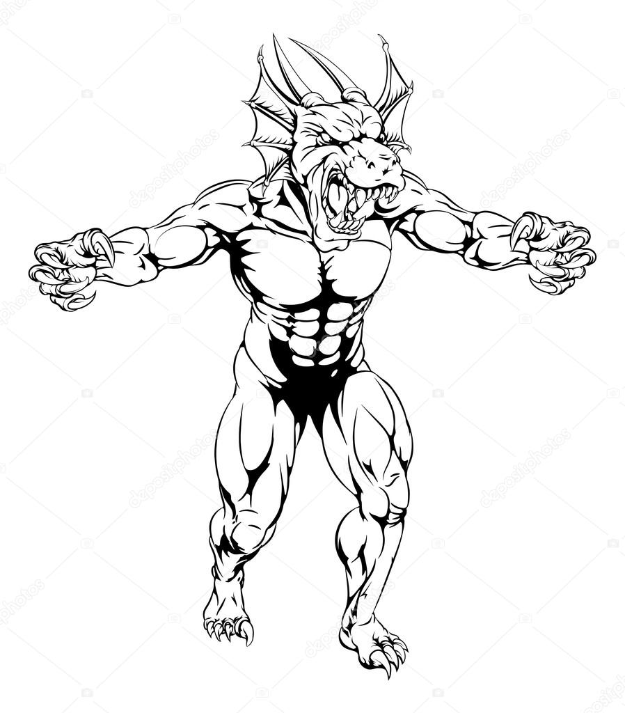 An aggressive tough mean red dragon sports mascot character with claws out