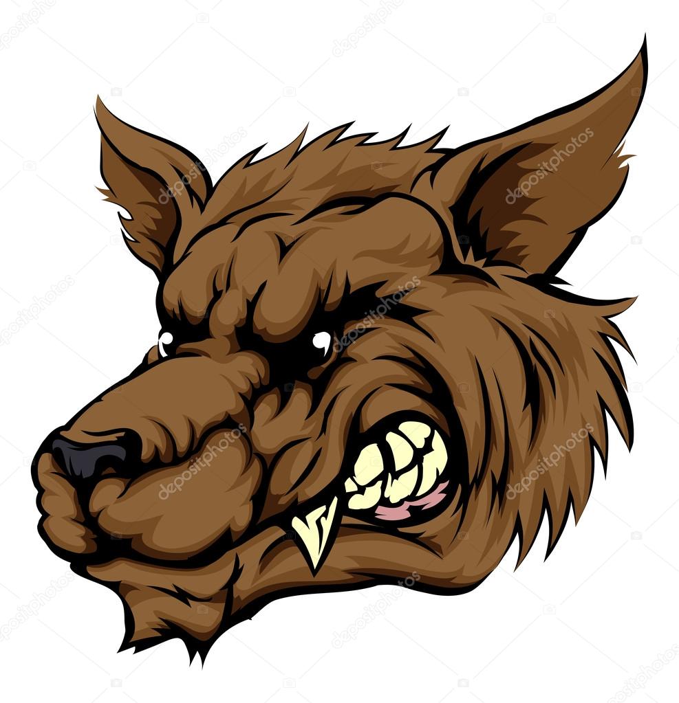 A mean looking werewolf wolf man, or wolf sports mascot character face
