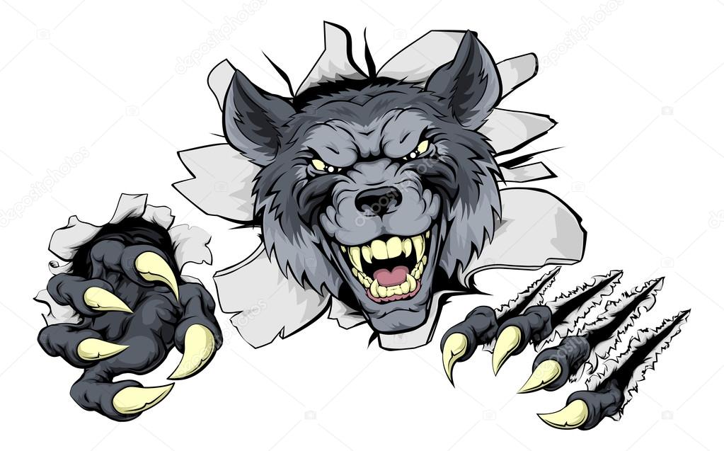 A mean wolf character or sports mascot breaking out