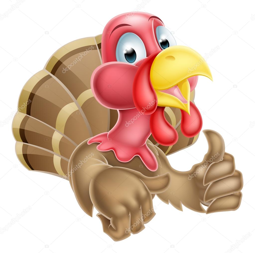 Cute cartoon turkey mascot giving a thumbs up