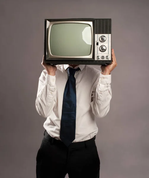 Zakenman Met Oude Retro Televisie Zijn Hoofd — Stockfoto