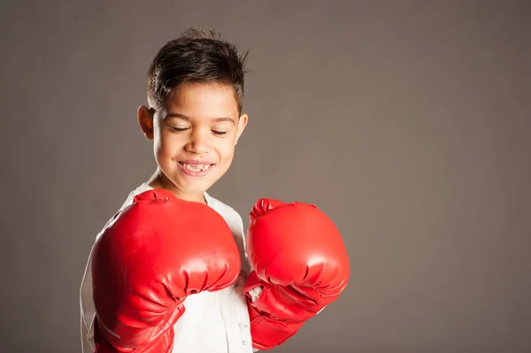 Little Boy Wearing Red Boxing Gloves Gary Background — Stock Photo, Image