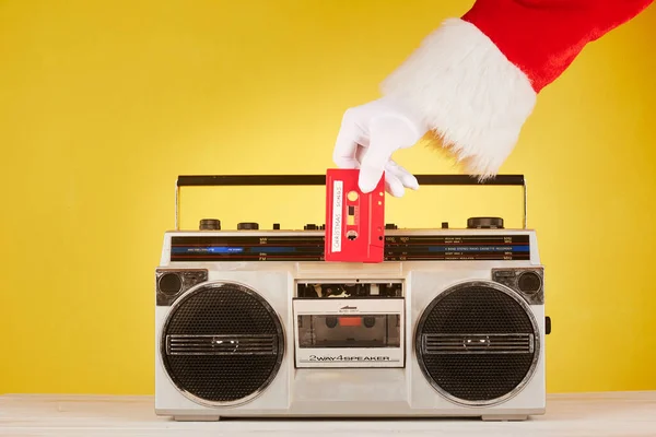 Santa Claus Hand Putting Audio Tape Radio Cassette — Stock Photo, Image