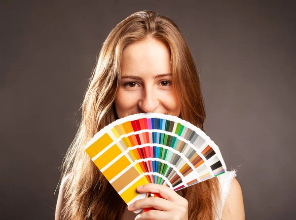 Interior Designer Woman Holding Color Guide Palette Isolated Gray Background — Stock Photo, Image