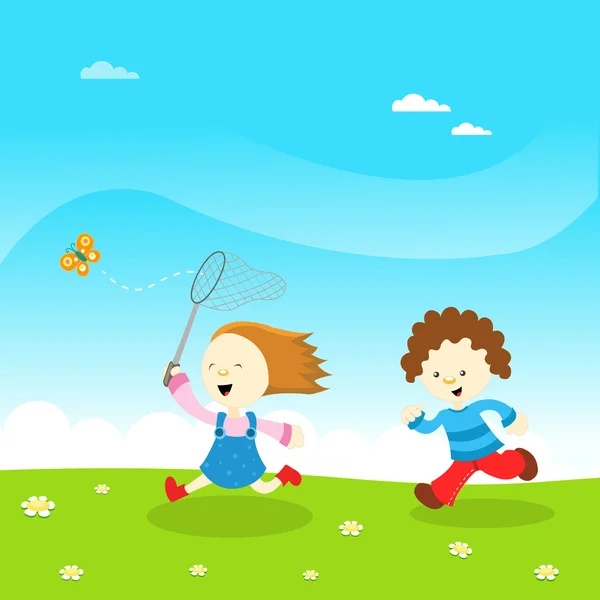 Kids Catching Butterfly — Stockvector