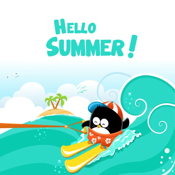 Water Skiing Penguin Card — Stock Vector
