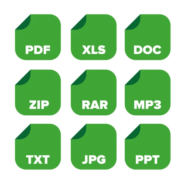 Dosya uzantıları Icons set: pdf, xls, doc, ZIP, rar, mp3, txt, jp — Stok Vektör