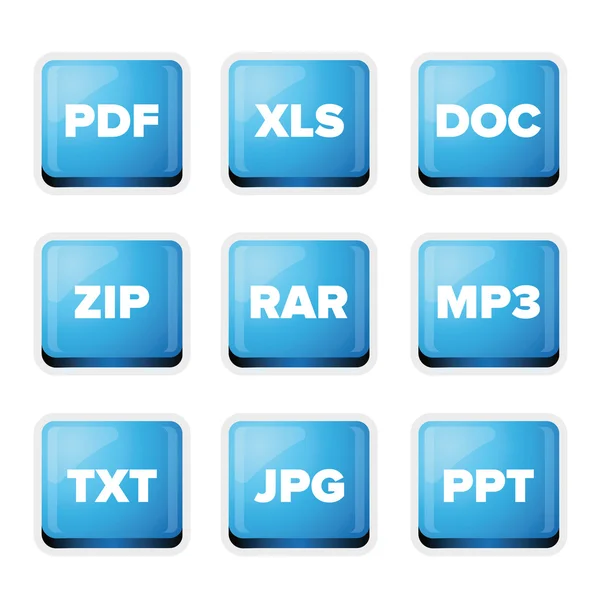 File extensions icons set: pdf, xls, doc, zip, rar, mp3, txt, jp — Stock Vector