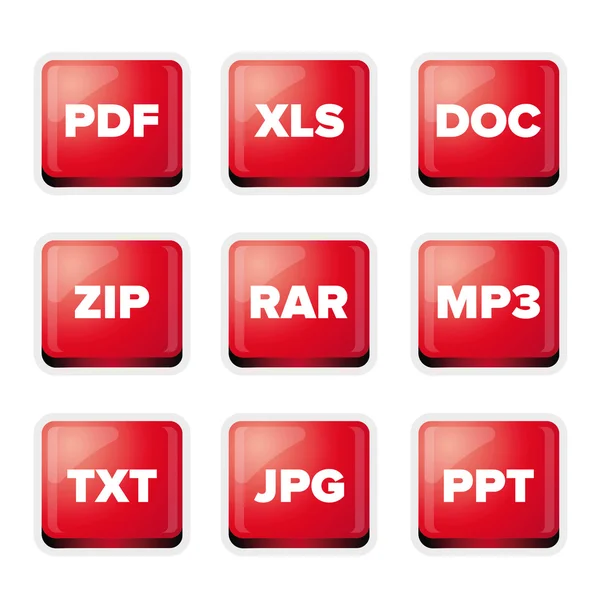 File extensions icons set: pdf, xls, doc, zip, rar, mp3, txt, jp — Stock Vector