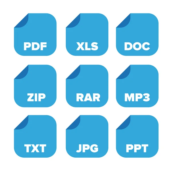 File extensions icons set: pdf, xls, doc, zip, rar, mp3, txt, jp — Stock Vector