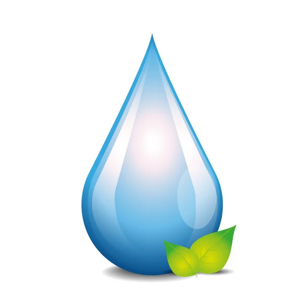 Blauw glimmend waterdruppel met groene bladeren — Stockvector