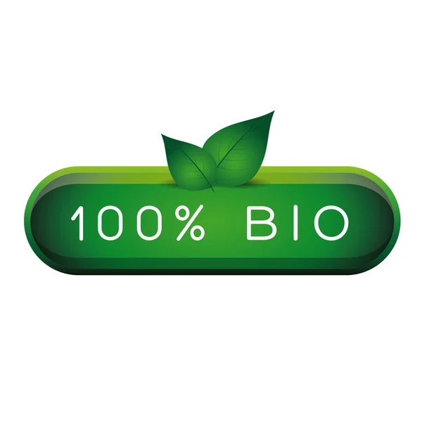 Green 100% bio button with leafs — Stock Vector