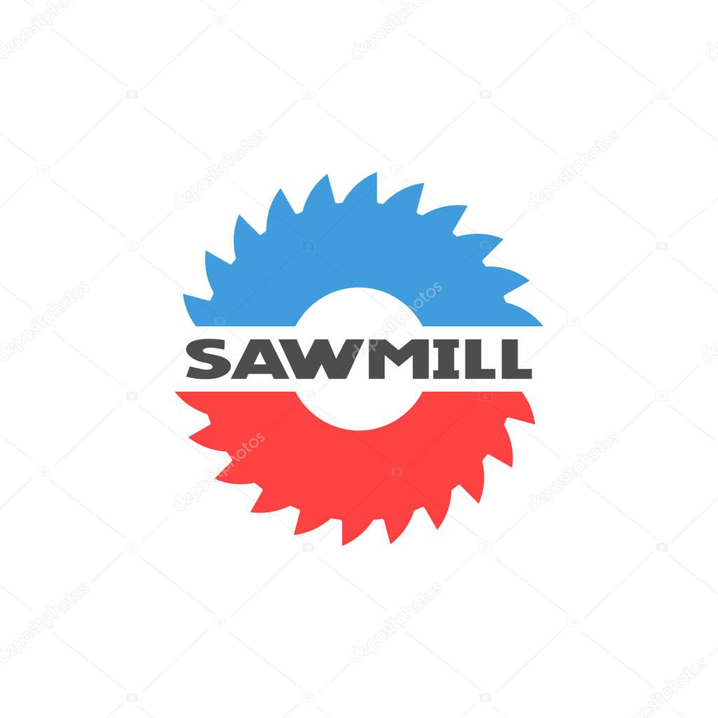 Sawmill colorful icon. Milling cutter blue and red symbol. Vector isolated on white.