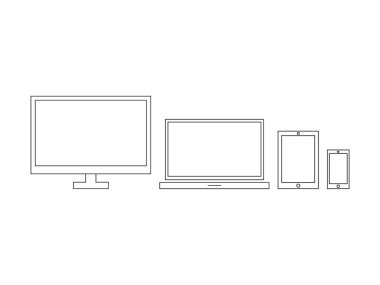 Aygıt hattı sanat seti. Kişisel bilgisayar, dizüstü bilgisayar, akıllı telefon ve tablet vektör illüstrasyonu beyaza izole edildi.