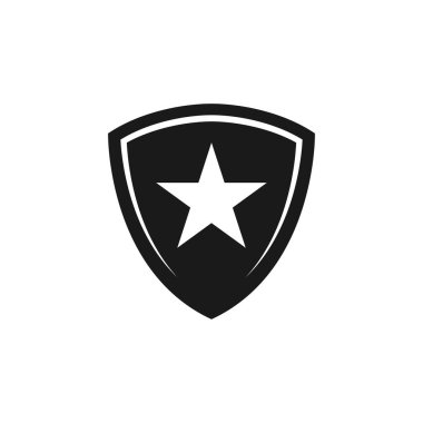 Kalkan yıldızı ikonu. Polis rozeti işareti. Şablon düz çizim. Siyah ve beyaz renkli kalkan sembolü. Güvenlik ve koruyucu işareti beyaz üzerine izole edildi