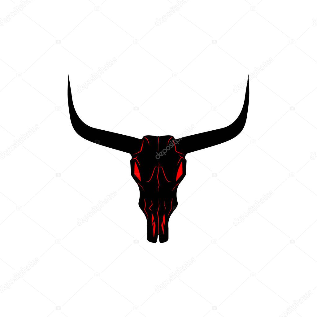 Bull skull icon. Buffalo head with red eyes vector illustration isolated on white. Animal skull with horns. Texas animal head symbol. Dangerous sign.