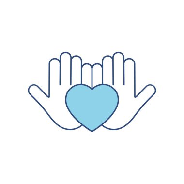 Eldeki kalp mavisi siluet simgesi beyaz arkaplanda izole edilmiş. Gönüllü sembol çizimi. 