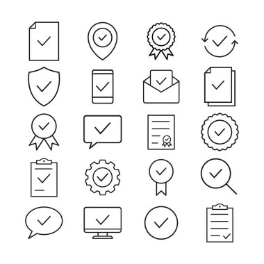 Simge satırı ayarlandı. İş sembolleri vektör illüstrasyonu koleksiyonu. Beyaz üzerinde izole edilmiş doğrusal işaretler grubunu onayla.