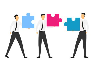 İnsanlar bulmacayı birbirine bağlıyor. İş ortaklığı, takım çalışması, işbirliği. Ekip üyeleri bulmacayı birbirine bağlıyor. Vektör illüstrasyonu beyazda izole edildi.