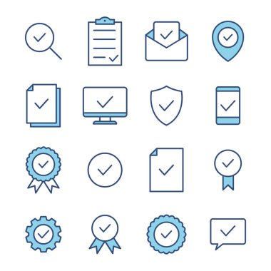 Simge satırı ayarlandı. Beyazda izole edilmiş doğrusal işaret grubunu onayla. İş mavisi sembolleri koleksiyon vektör çizimi.