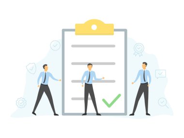 Verileri gösteren ve tartışan küçük insanlar. İşaretli sayfa. Başarı iyi iş çıkardı. Takım çalışması konsepti. Vektör illüstrasyonu beyazda izole edildi.