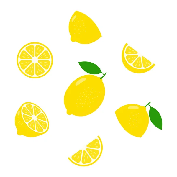 Limon taze dilimler seti. Sağlıklı yiyecek grubu konsepti. Beyaz arkaplanda izole edilmiş Citrus vitamin c vektör çizimi.