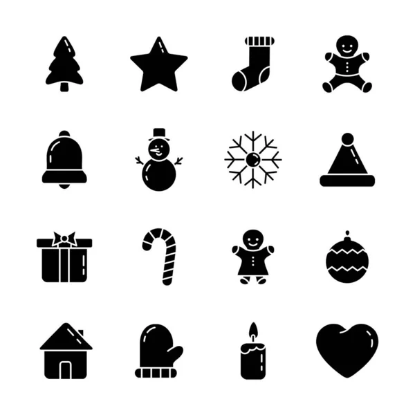 Weihnachtsikone Gesetzt Schwarze Silhouette Winterspielzeug Kollektion Neujahrssymbole Gruppieren Sich Vektor — Stockvektor