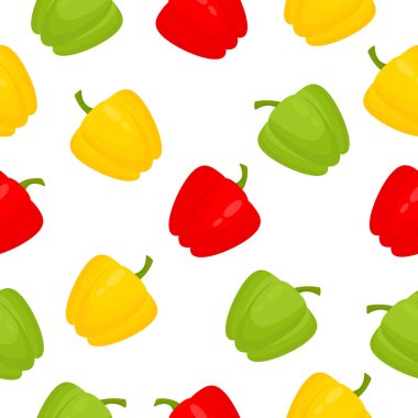 Bibersiz beyaz arka plan. Sağlıklı organik sebzeler. Kırmızı, sarı ve kırmızı taze biber. Vektör illüstrasyonu. 