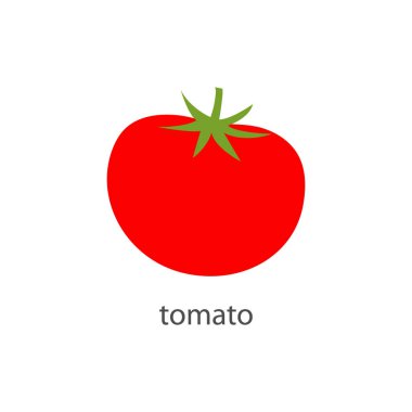 Domates taze sebze ikonu. Sağlıklı yiyecekler. Üzerinde yazı olan lezzetli bir sembol. Domates vektörü beyaz üzerine izole edildi.