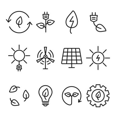 Ekoloji doğa enerji ikonu seti. ECO yeşil enerji tahsilatı. Vektör illüstrasyonu beyazda izole edildi.
