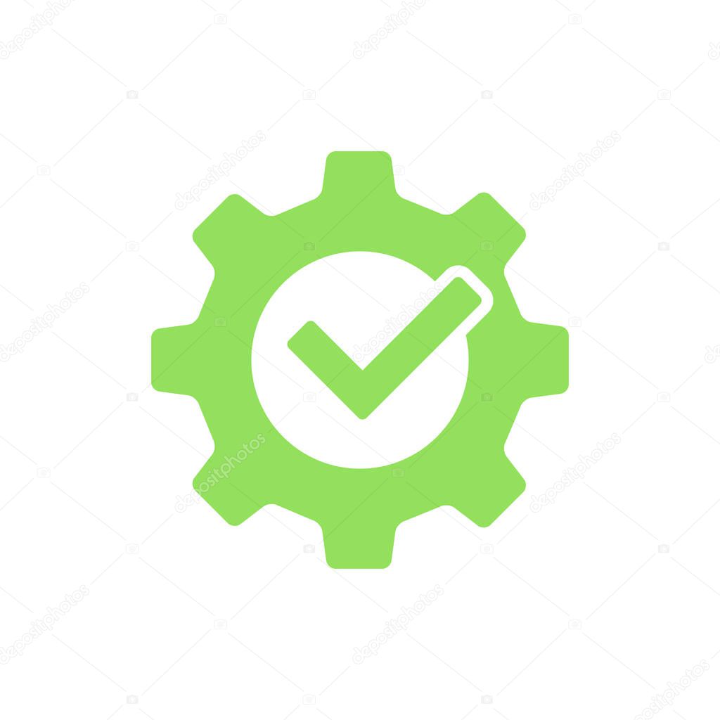 Tick gear green icon. Technical repair symbol. Vector illustration isolated on white.