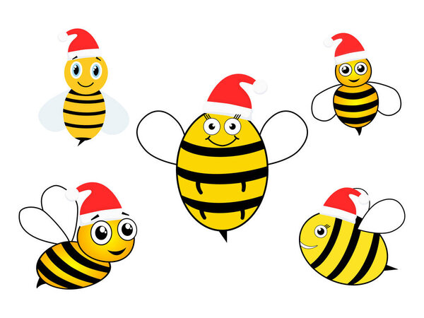 Cute bees with Santa hat set. Cartoon happy festive bee mascot character collection. Vector illustration isolated on white. Merry Christmas concept.