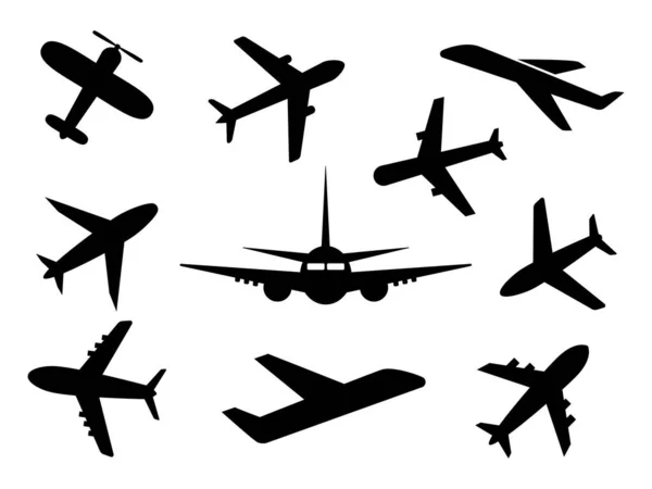 航空機のアイコンセット 平面ブラックアウトラインコレクション分離 白で隔離された旅行シンボルベクトルイラスト — ストックベクタ