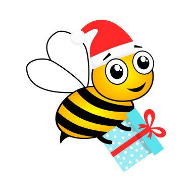 Karikatür arısı maskotunun elinde sürpriz çizimler var. Şirin arı Noel Baba şapkası takıyor ve hediye kutusu vektörünü beyaza sarmış. Mutlu Noeller..