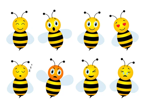 感情のキャラクターコレクションを蜂 かわいい蜂セット絵文字ベクトルイラスト付き白に隔離 — ストックベクタ