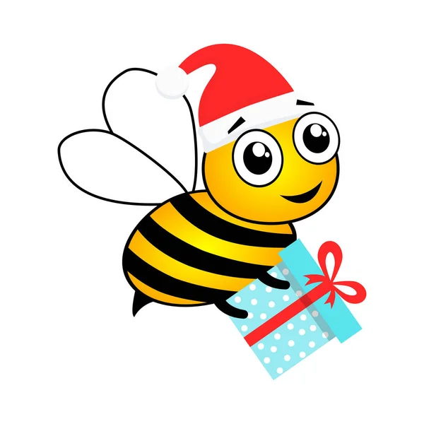 Karikatür arısı maskotunun elinde sürpriz çizimler var. Şirin arı Noel Baba şapkası takıyor ve hediye kutusu vektörünü beyaza sarmış. Mutlu Noeller..
