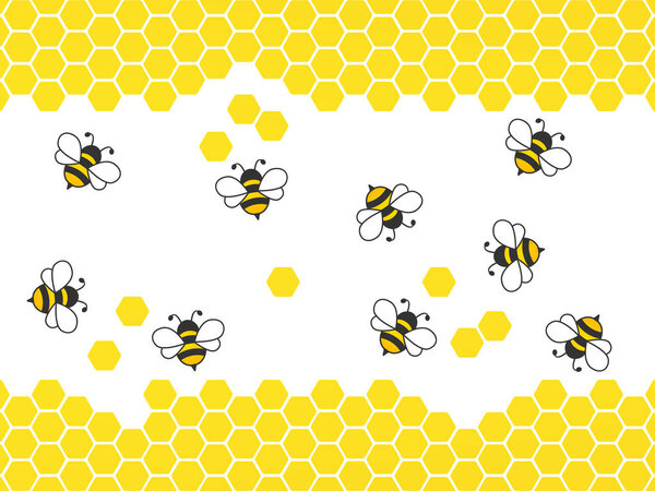 Летающие пчелы с сотами. Векторные черно-желтые пчелы на белом фоне.