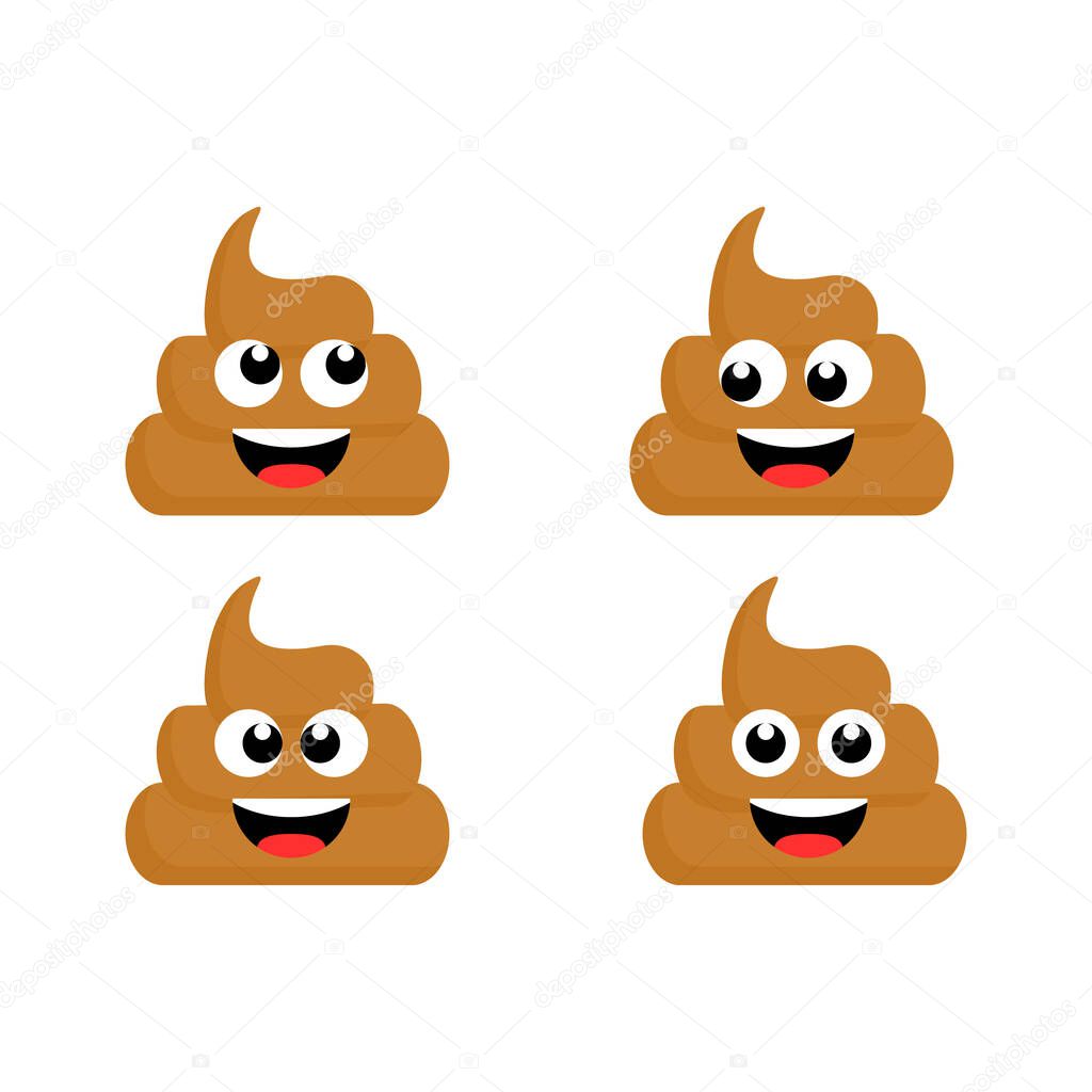 Cute funny poop set characters. Poop emoji flames icon collection. Vector cartoon illustration isolated on white
