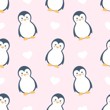 Penguenler kusursuz desen. Vektör şirin illüstrasyon pembe arkaplan