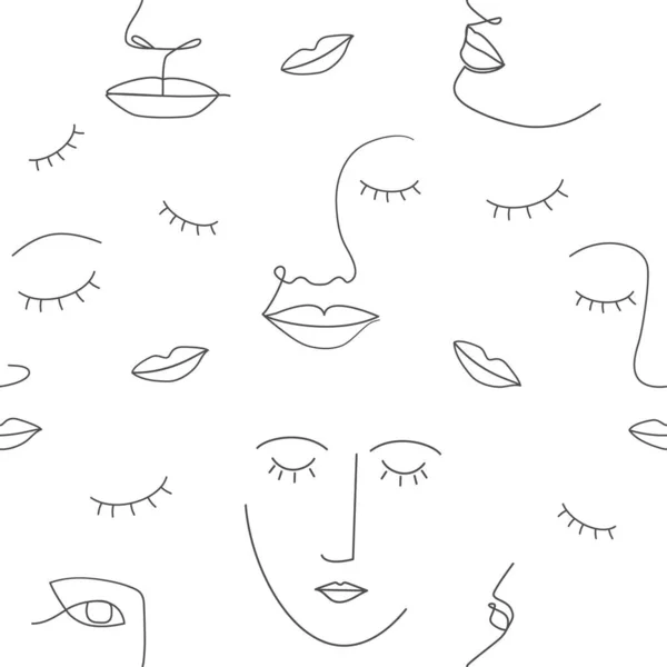 女性の顔を描くシームレスなパターンライン 抽象的な美しさの背景 女性の線画のコンセプト — ストックベクタ