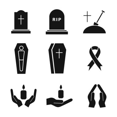 Cenaze ikonu seti. Ölüm kavramı. Din sembolü koleksiyonu. Vektör beyazda izole edildi
