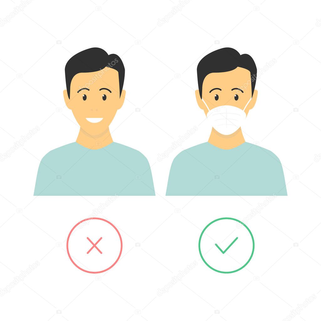 Man wear with medical mask and without. People in flue mask poster. Mask required flat symbol. Vector flat illustration isolated on white background. 